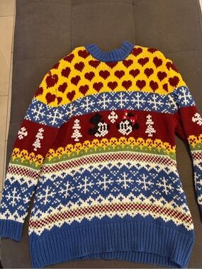Zara Multicolor Crewneck Sweater with Red Hearts and Blue Accents